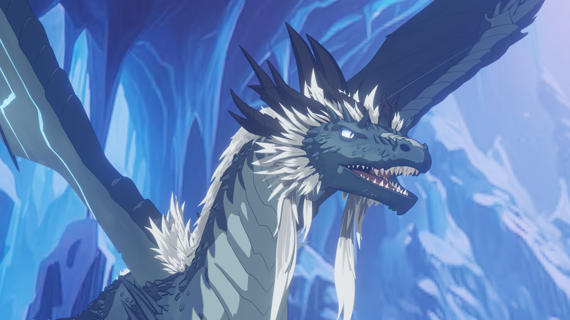 Queen Zubeia in the Storm Spire, a massive sky-blue dragon with silver-white accents and glowing eyes