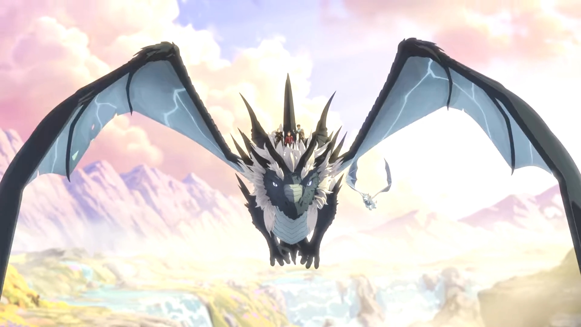 Queen Zubeia flying against a sunset sky