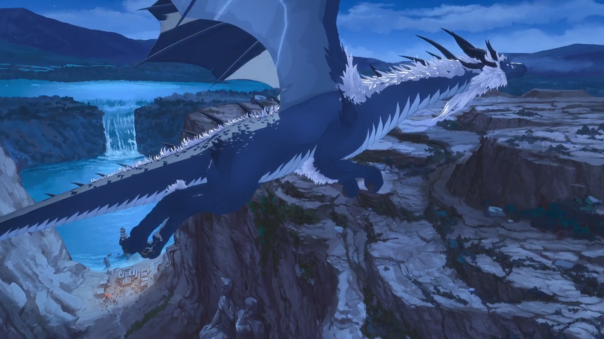 Queen Zubeia flying over a waterfall